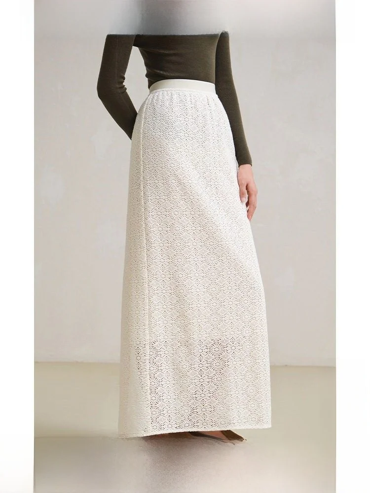 

Ele Long Hand-Knitted Lace Skirt Hollow out Straight Tube Travel Original Women's Spring Skirts Casual H-Line Skirts