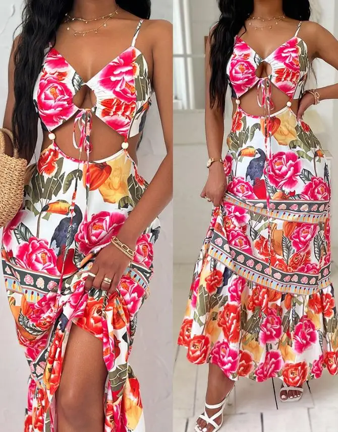 

Women's Dress 2025 Summer Latest Hot Selling Style Elegant and Sexy Casual Flower Animal Tropical Print Lace Detail Long Dress