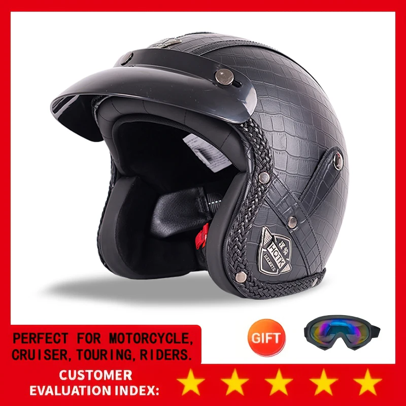 

Classic retro motorcycle helmet with PU leather open 3/4 visor and DOT certification