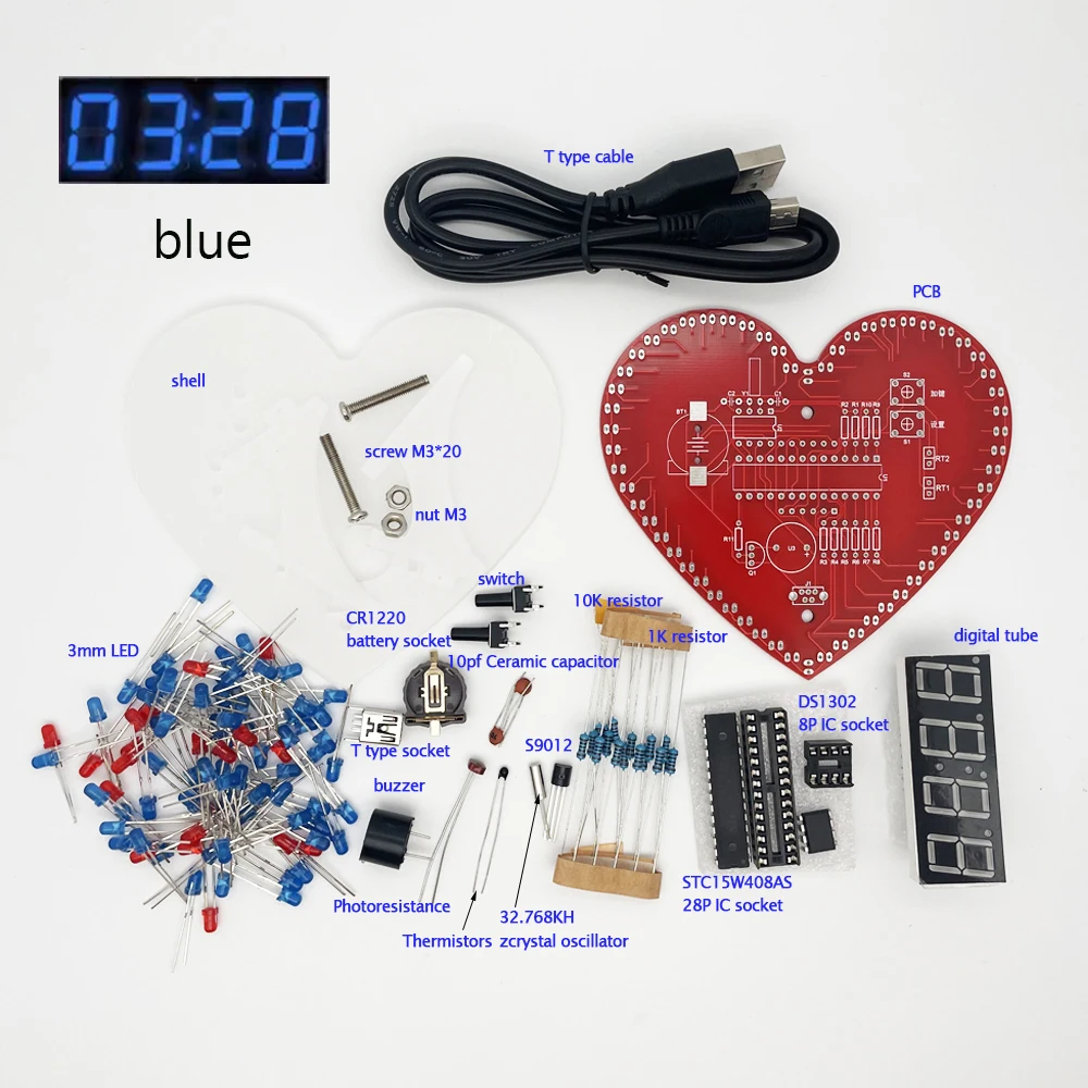 diy electronic clock kit heart-shaped led soldering project  time/temperature display for beginner(not assembled