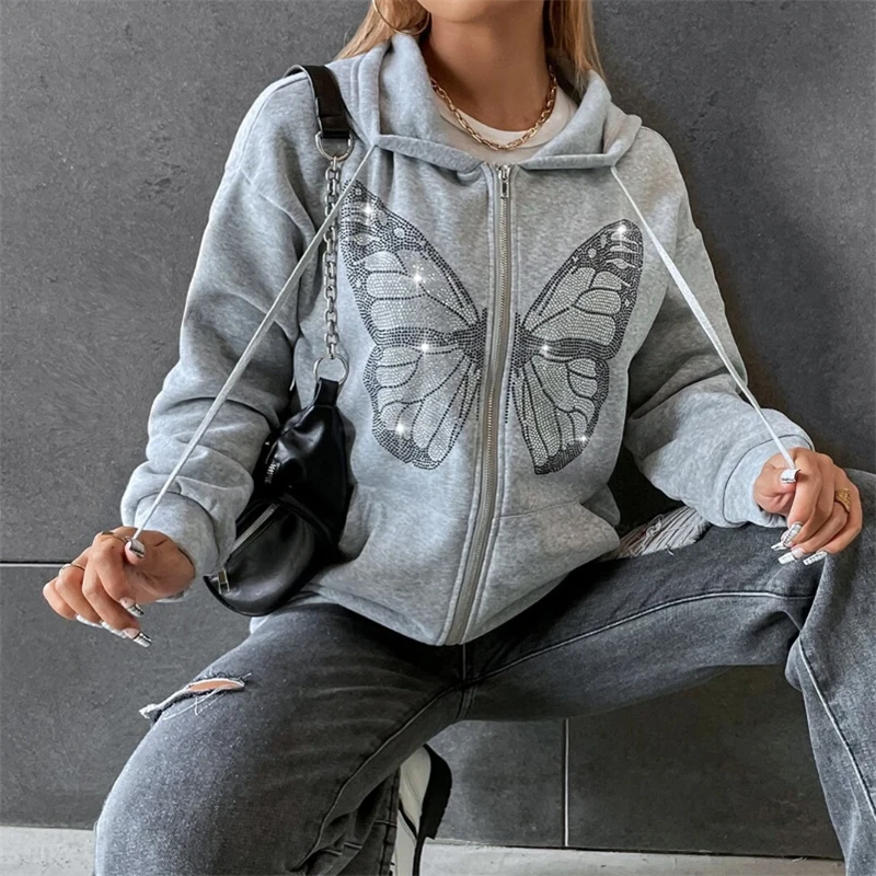 Sweat à capuche à manches longues pour femmes, motif papillon, fermeture éclair, couleur unie, ample, surdimensionné, fermeture éclair, veste décontractée, Streetwear