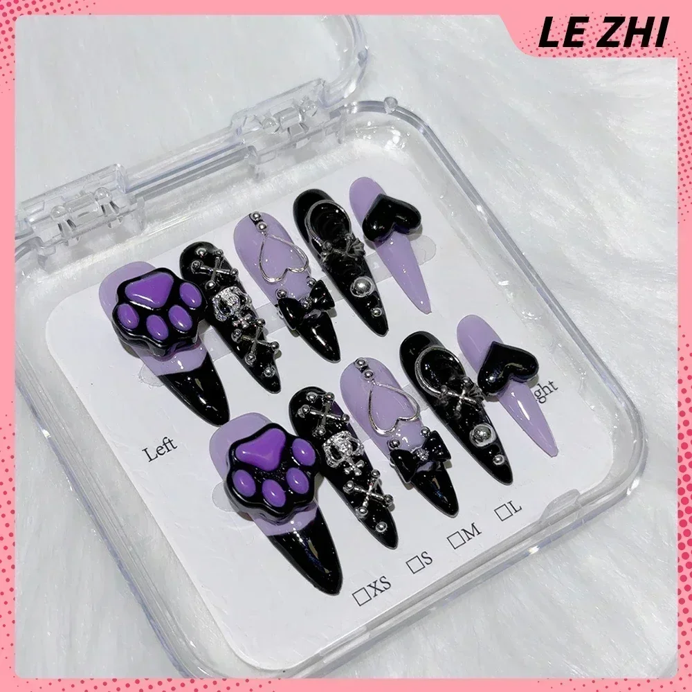 خنجر الشرير مرحبا كيتي الأظافر كاذبة لطيف القط مخلب سلسلة معدنية تصميم Y2K فتاة حار حجر الراين مغطاة بالكامل اضغط على الأظافر