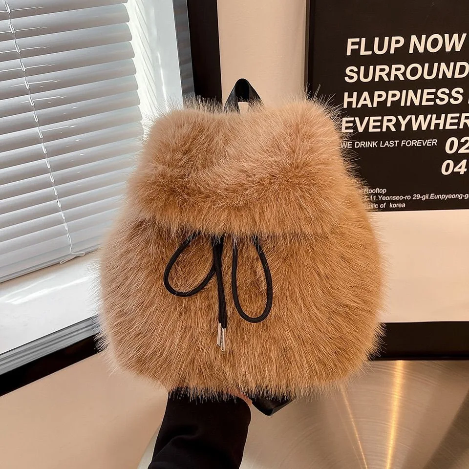 Women Fluffy Faux Fur Drawstring Backpack Grey Plush Bucket Bag Fashion Soft Furry Shoulder Bag Casual Daily Travel Mini Backpac