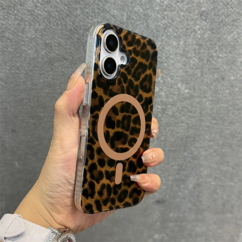 Magsafe-Handyhülle mit Leopardenmuster für iPhone 16 Pro Max 15 14 Pro 13, trendige, rutschfeste, kabellose Lade-Silikon-Hart-PC-Abdeckung