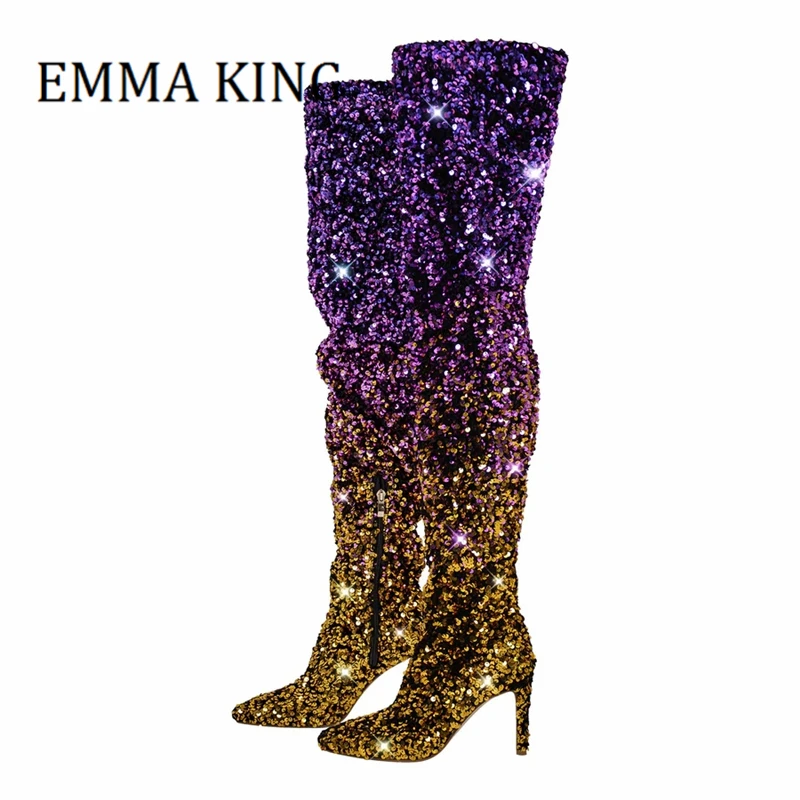 Women Sequins Gradient Color Long Boot Sexy Pointed Toe Thigh High Stiletto Boots Female Bling Banquet Party Over The Knee Boots