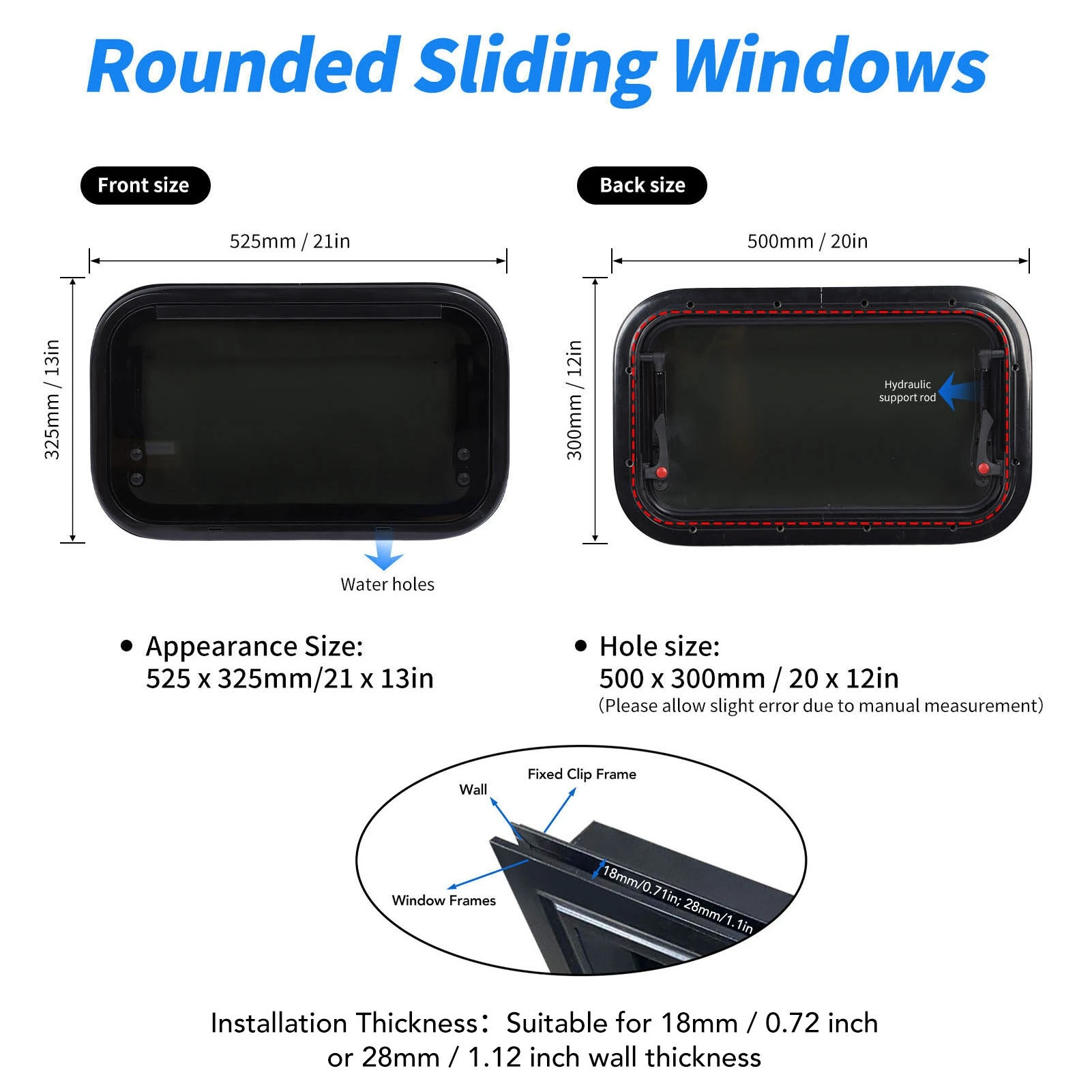 หน้าต่างแบบผลักออกสำหรับรถบ้าน ขนาด 20 x 12 นิ้ว พร้อมแกนไฮดรอลิก โครงยึดกันฝน มุมโค้งมน สำหรับรถแคมป์เปอร์
