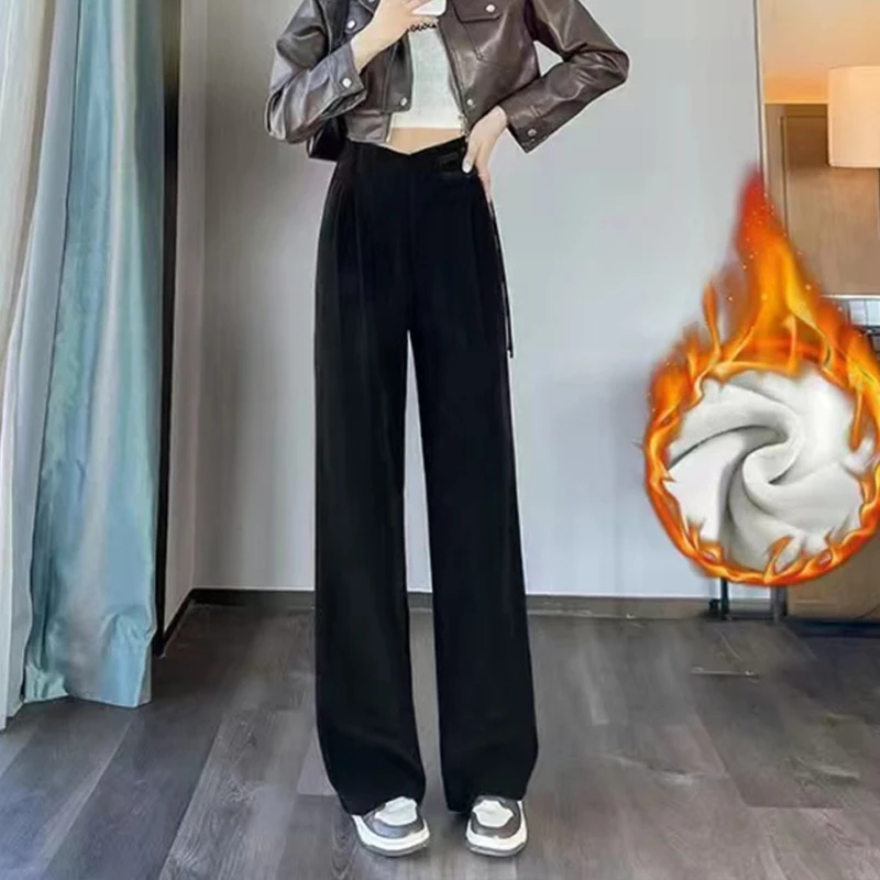 Women Thicken Chenille Fabric Straight Leg Pants Chinese Button Casual Wide-leg Trousers Autumn Winter With/without Velvet Pants