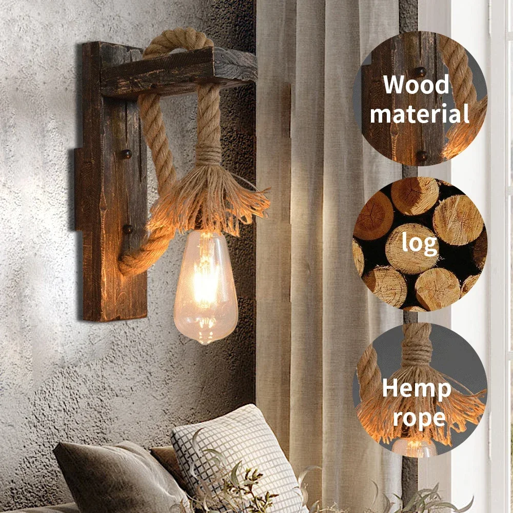 Wood Rope WalRetro Bedside Loft Light Hemp Rope Wood Luminaire Industrial American Decor Lighting Wooden Wall Light