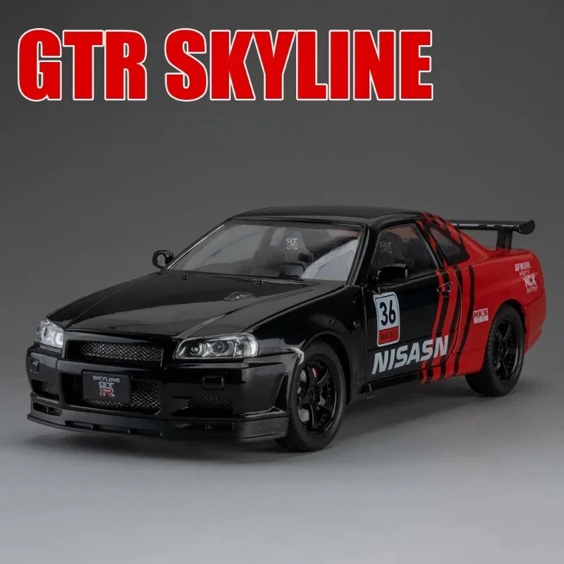 1:24 Nissan GTR SKYLINE Model samochodu sportowego Zabawka Muzyka Światło Pociągnij Drzwi Otwarte Miniaturowe modele samochodów ulicznych Kolekcja Prezenty dla dzieci