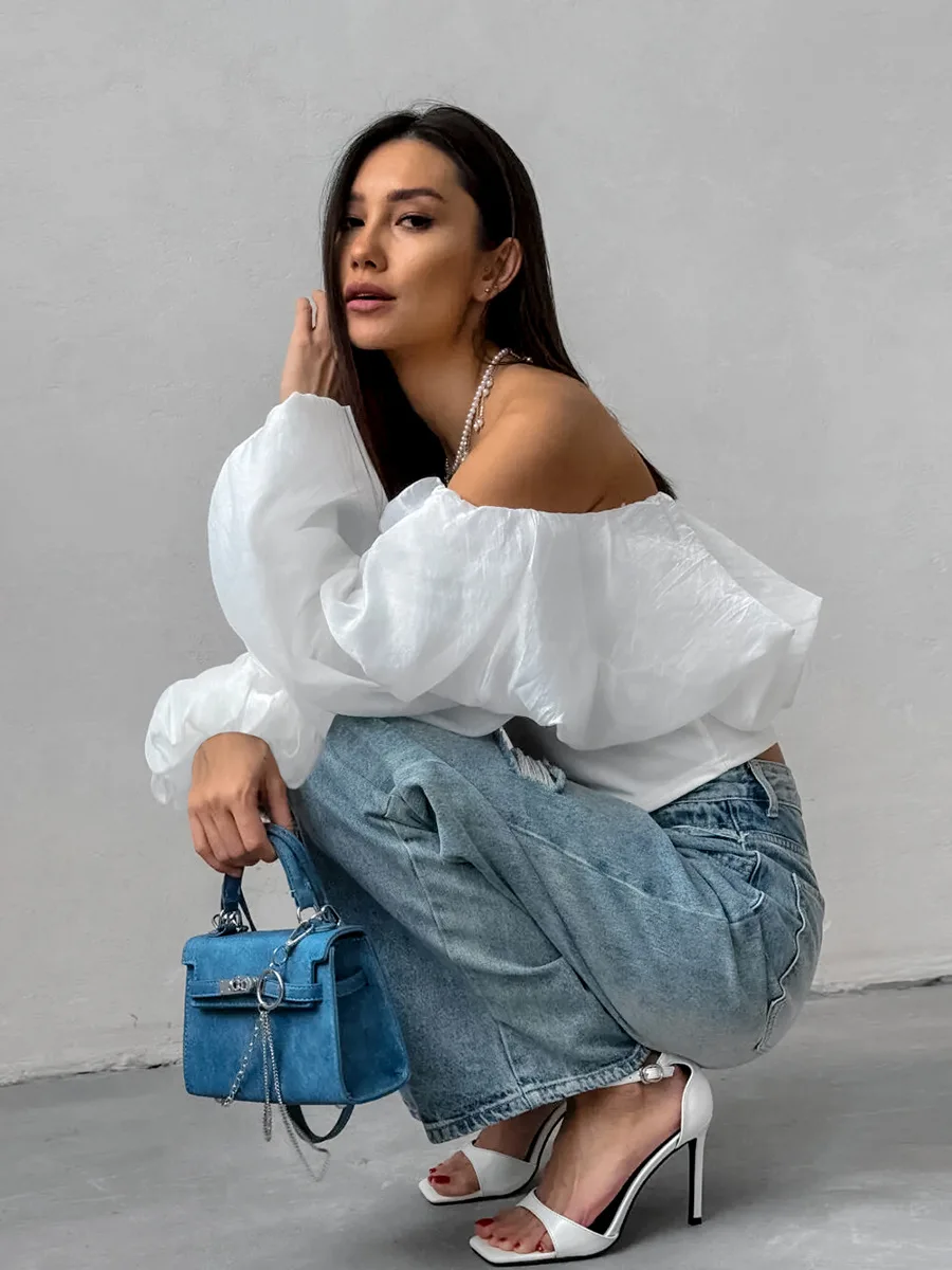 GetSpring Women Blouse 2024 Summer Slash Neck Off Shoulder Puff Sleeve White Shirt Fashion Loose Casual All Match Female Tops