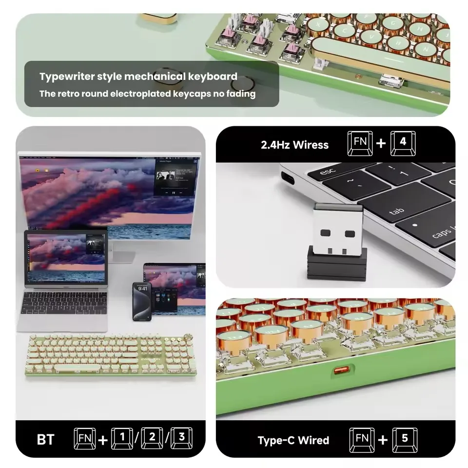 EWEADN V20 لوحة المفاتيح الميكانيكية الرجعية فاسق الآلة الكاتبة اللاسلكية ثلاثي نموذج 104 مفاتيح أغطية المفاتيح المستديرة الأبيض الخلفية مكتب الكمبيوتر كتم