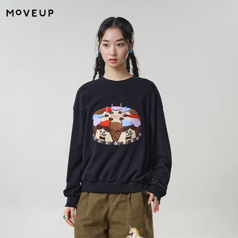 MOVEUP Women's Cotton Crew Neck Sweatshirt 2026 Autumn Fun Cake Patch Embroidery Top Long Sleeve Casual Short Pullover 3ELQ11420