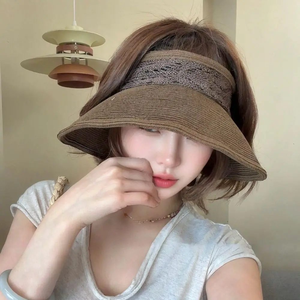 Adjustable Straw Visor Hat Women Summer Handmade Woven Empty Top Sunshade Cap Breathable Wide Brim Beach Hat