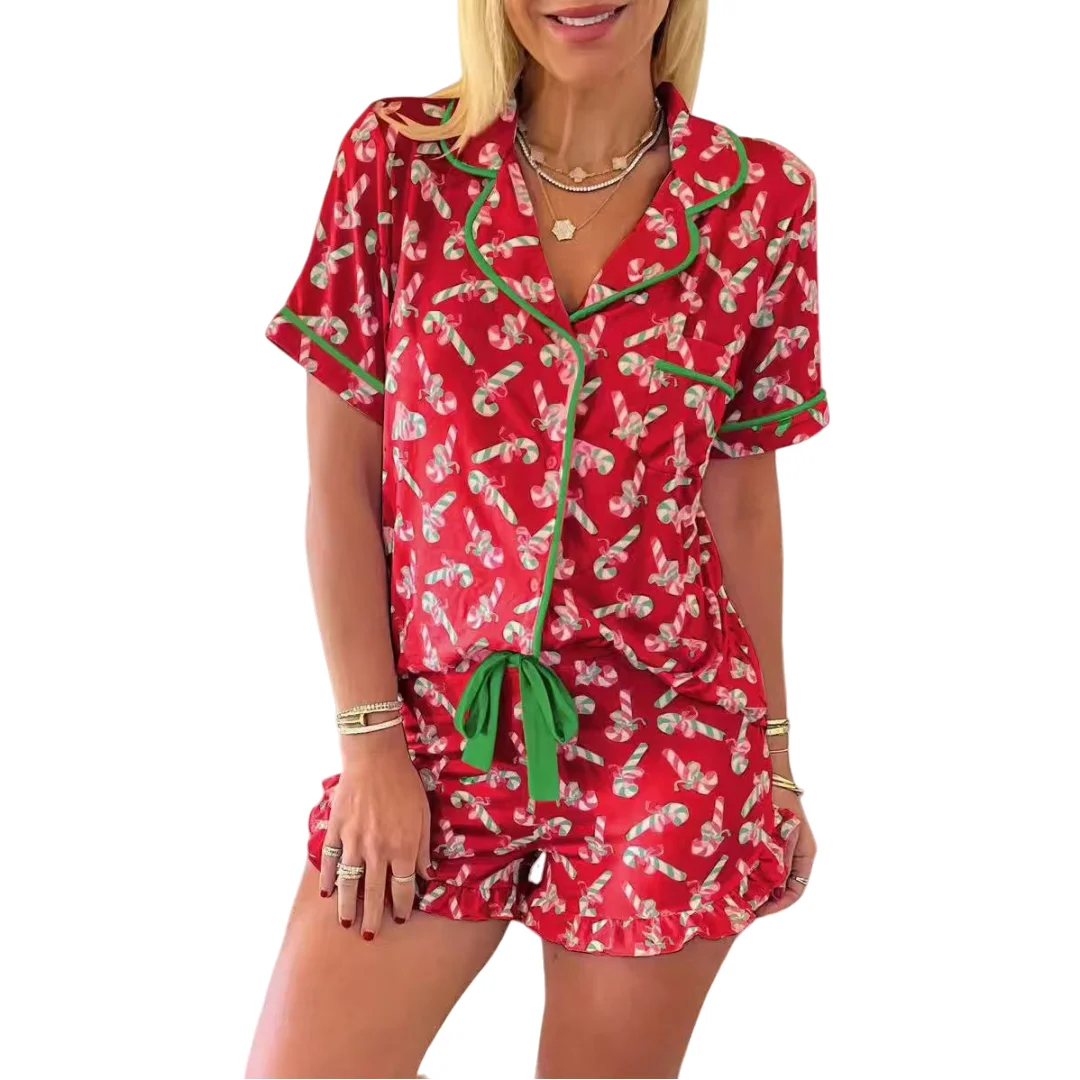 

Красная пижама с рождественским костылем Санта-Клауса и конфетным принтом, комплект домашней одежды, рубашки и брюки с короткими рукавами и лацканами, женские подарки