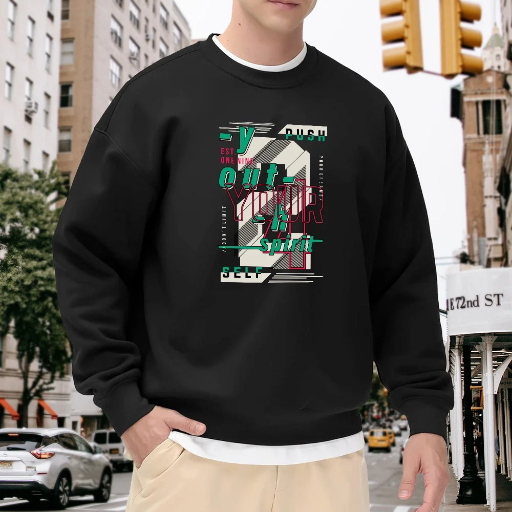 

Men's Black Crew Neck Loose Sweatshirt with Letter Print, Street Style Top, Casual and Versatile, Comfortable Trendy Pullover, Suitable for Going Out and Exercising