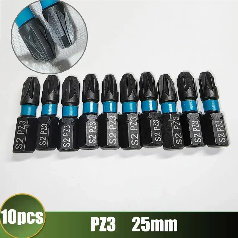 10PCs 25mm PZ1/PZ2/PZ3/PH2 S2 Alloy Steel Precision Screwdriver Set of Bits Drill Impact Screwdriver Hex Shanked Magnet