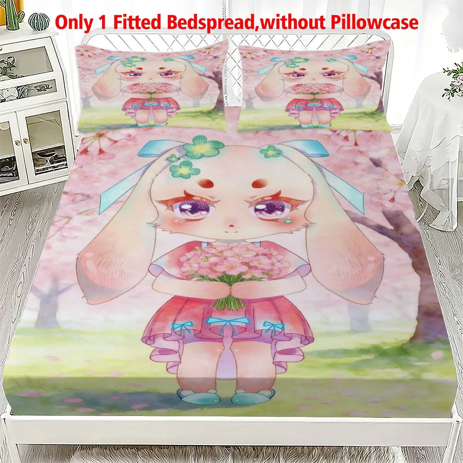 3pcs Fitted Sheet Set Soft Fluff Town Lulu-Sleepy Bunny Breathable Fitted Sheet Set for Home Decor with 2 Pillowcases For Kids