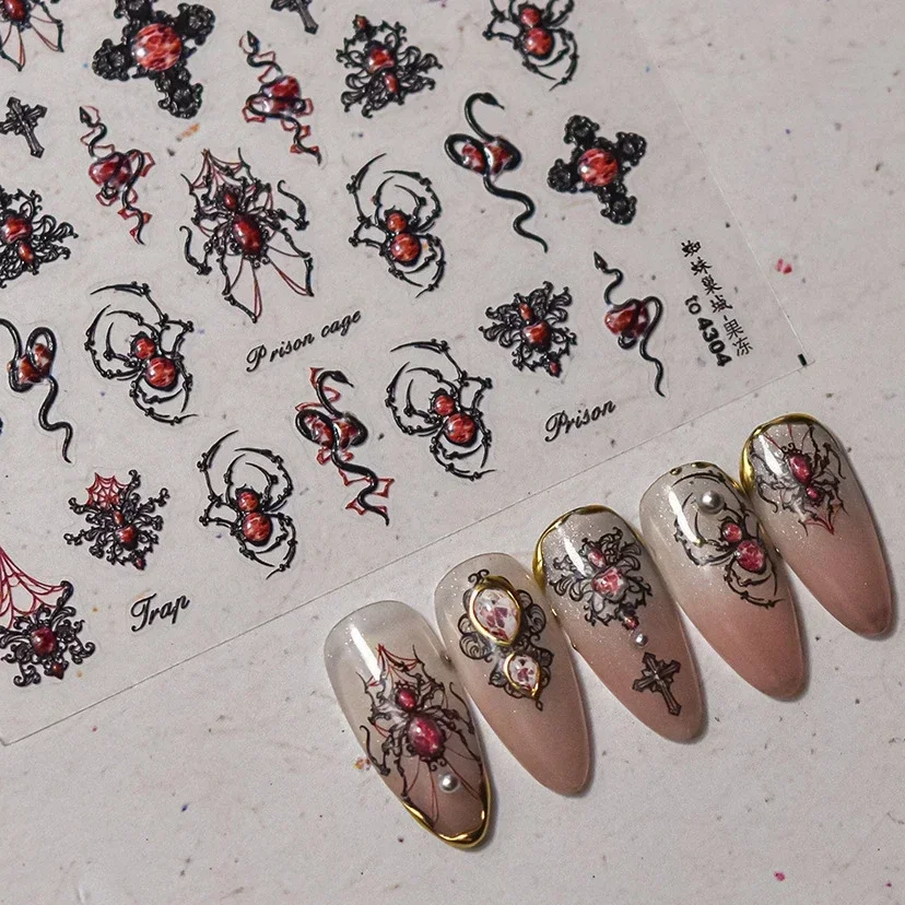 Terror Dark Red Black Spider Web Insect Snake Hot Rose Flower Totem Cross Gems Cat Halloween Y2K Nail Art Sticker Manicure Decal