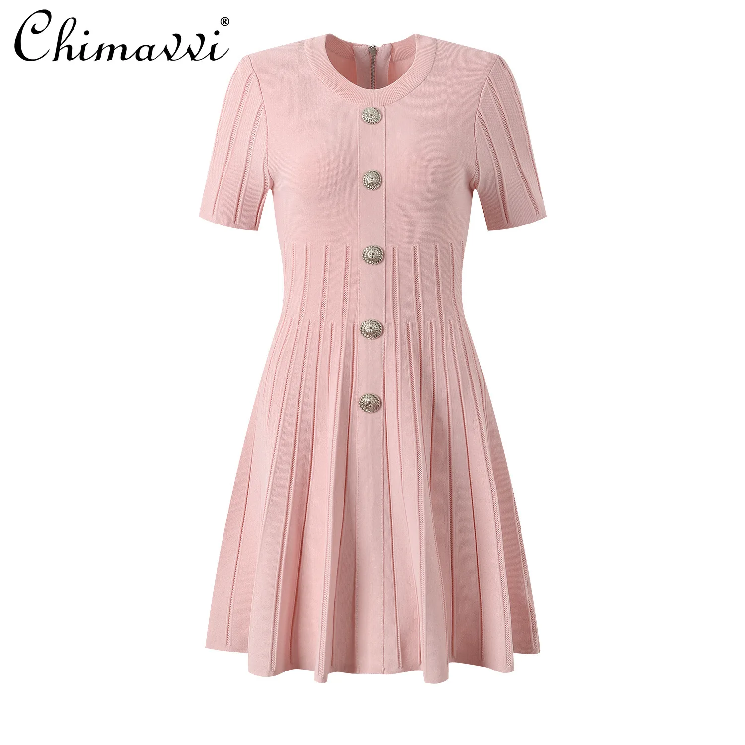 

2024 Summer New Fashion Commuter Crew Neck Single-breasted Dress Short Sleeve Waist Skinny Elegant Short Women's Knitted Dress