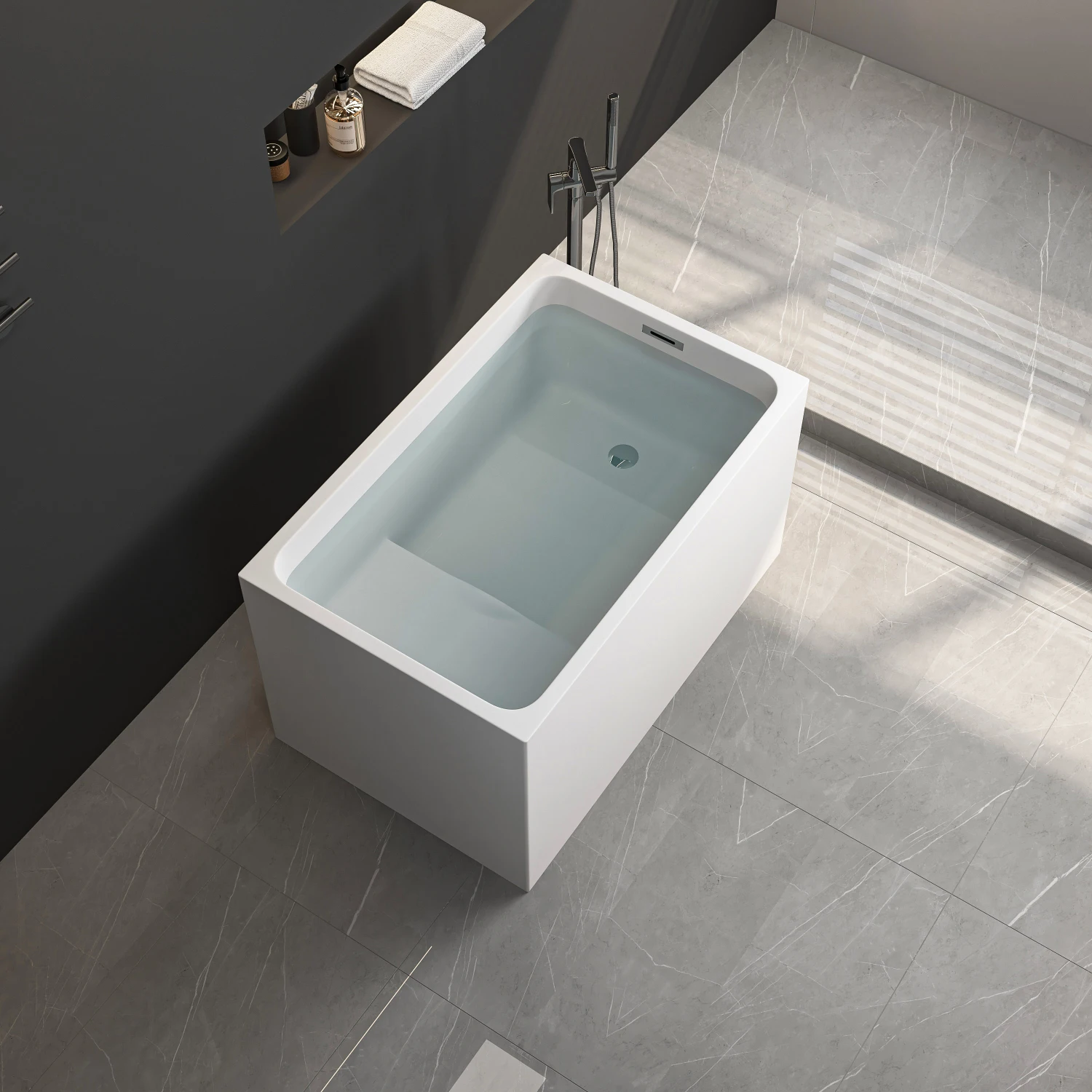 

43" Acrylic Freestanding Bathtub with Seat - Rectangular Shape, Gloss White Finish, Chrome Overflow & Pop-Up Drain