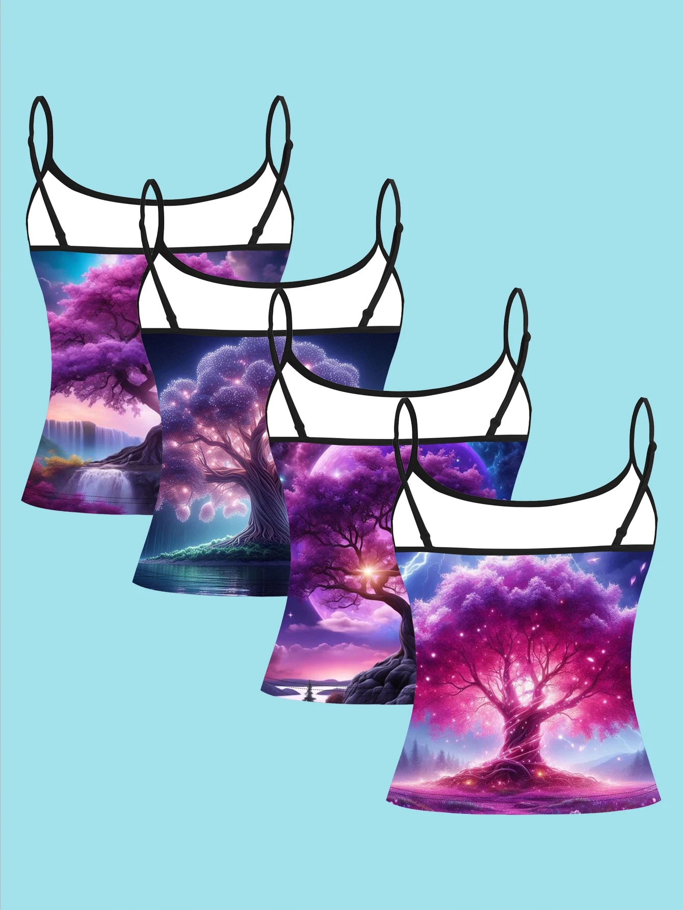 4-Piece Set of Galaxy Purple Tree Starry Sky Camisole Set, Waterfall Full Moon Mysterious Ancient Tree Women's Base Layer Tank Top