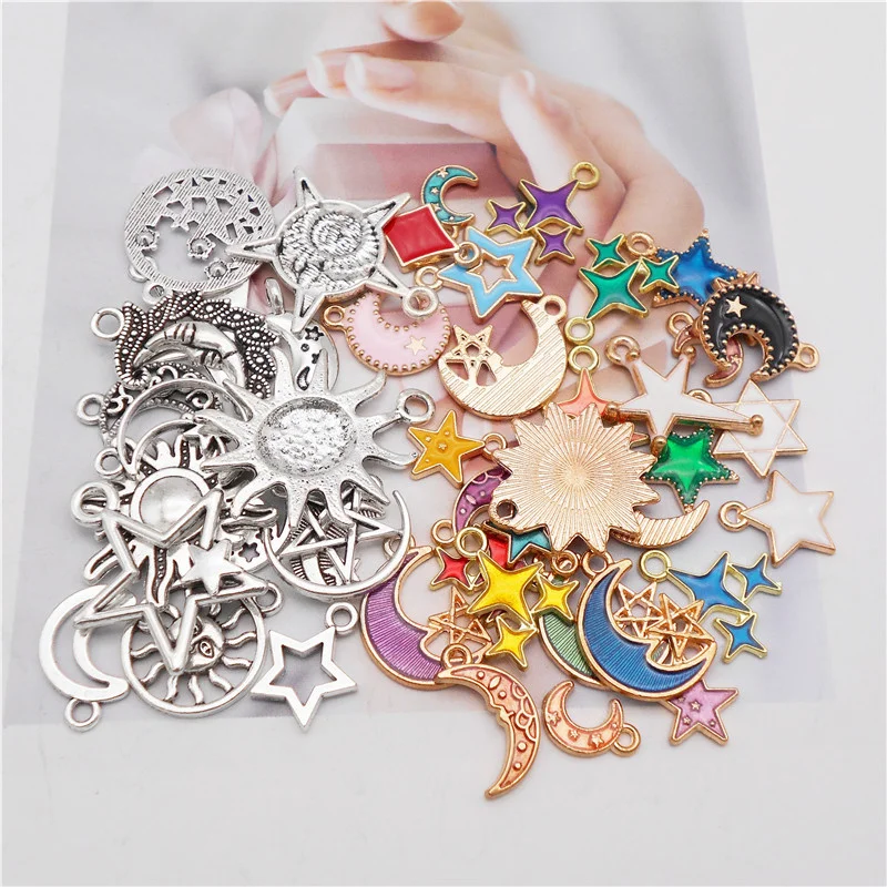 

40PCS Randomly Mix Enamel And Alloy Sun Star Moon Planet Charms Pendant For Jewelry Making Earrings Bracelet Necklace Accessory