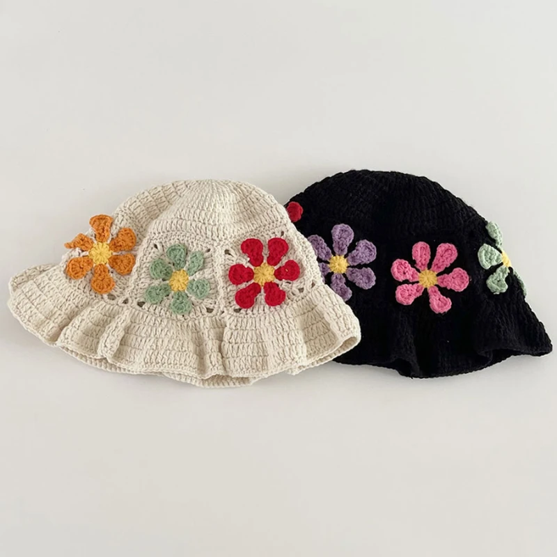 Japanese Niche Colorful Flowers Hollow Knitted Bucket Hats for Women Spring and Summer Vacation Fashion Versatile Basin Caps