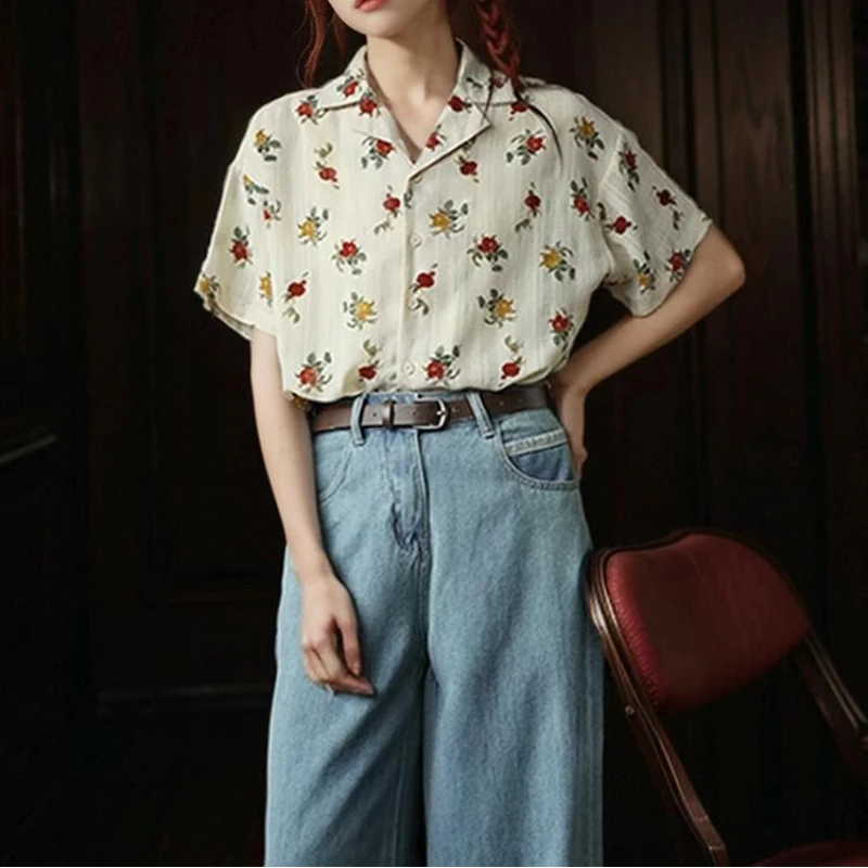 Vintage Printing Youth Shirt Tops Short Sleeve Polo Neck Loose High Street Blouse Women Clothing Fashion Casual Summer New Trend
