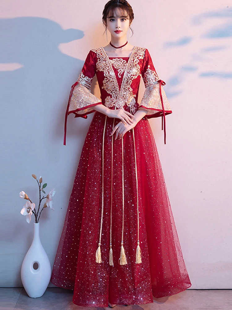 

Red Wine Color Chinese Sle Wedding Dr Women's Materni Clothes Belly Covering plus Size Slimming Ceremony Gowns