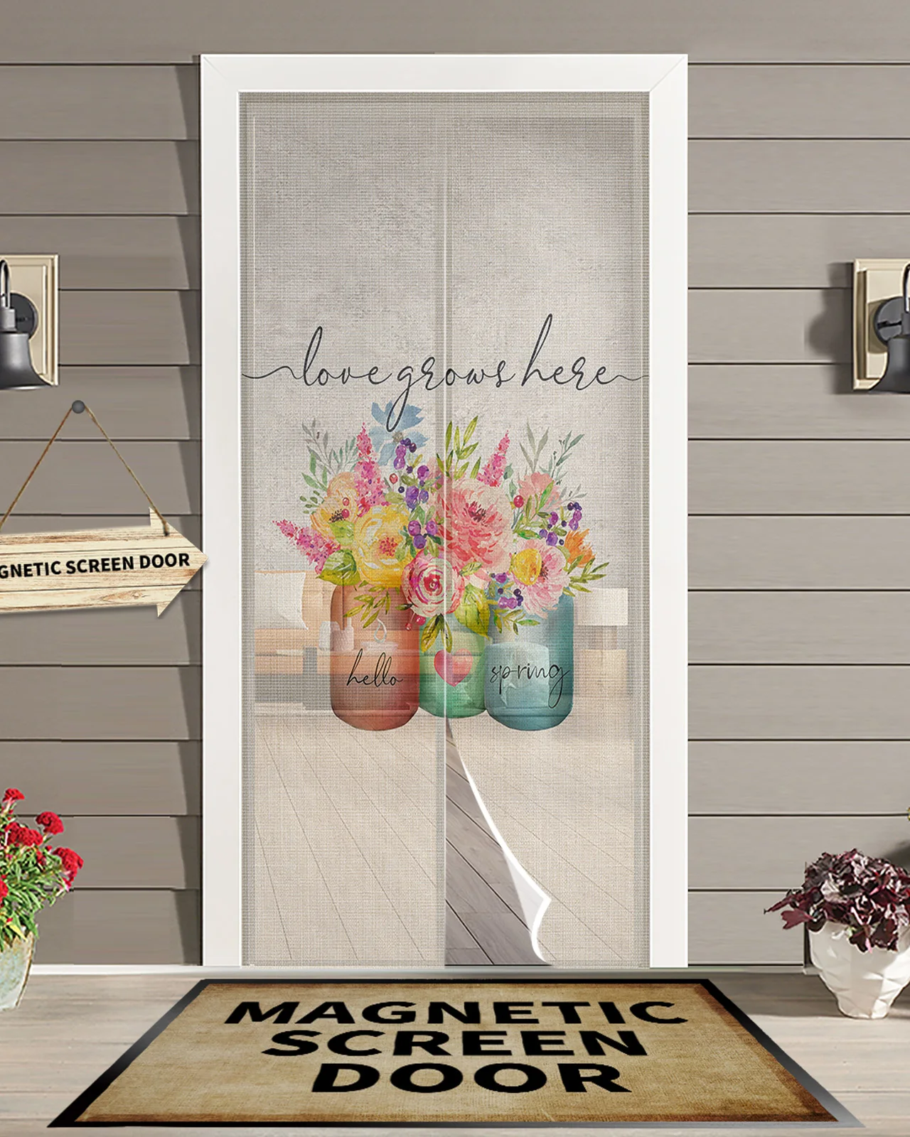 Spring Flowers Vase Watercolor Summer Magnetic Screen Door Curtain Anti Mosquito Net Insect Fly Bug Kitchen Curtains