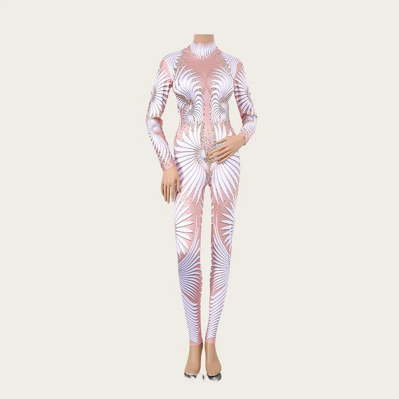 

Feibiao Sparkly Stone Feather Print Jumpsuit Women Sexy Birthday Party Bodysuit Prom Dresses Pole Dancer Performance Costume