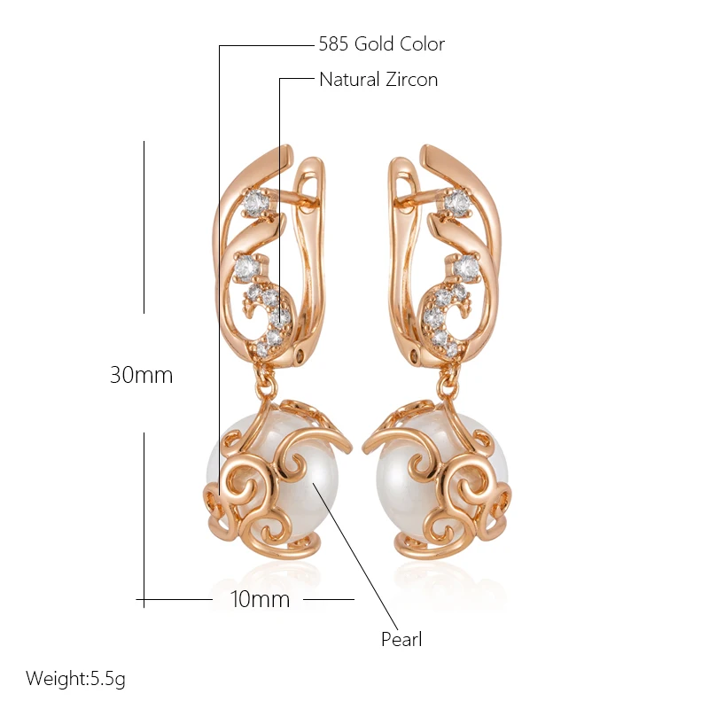 Kinel Hot Pearl Long Drop Earrings For Women Trendy 585 Rose Gold Color Natural Zircon Vintage Flower Wedding Fine Daily Jewelry