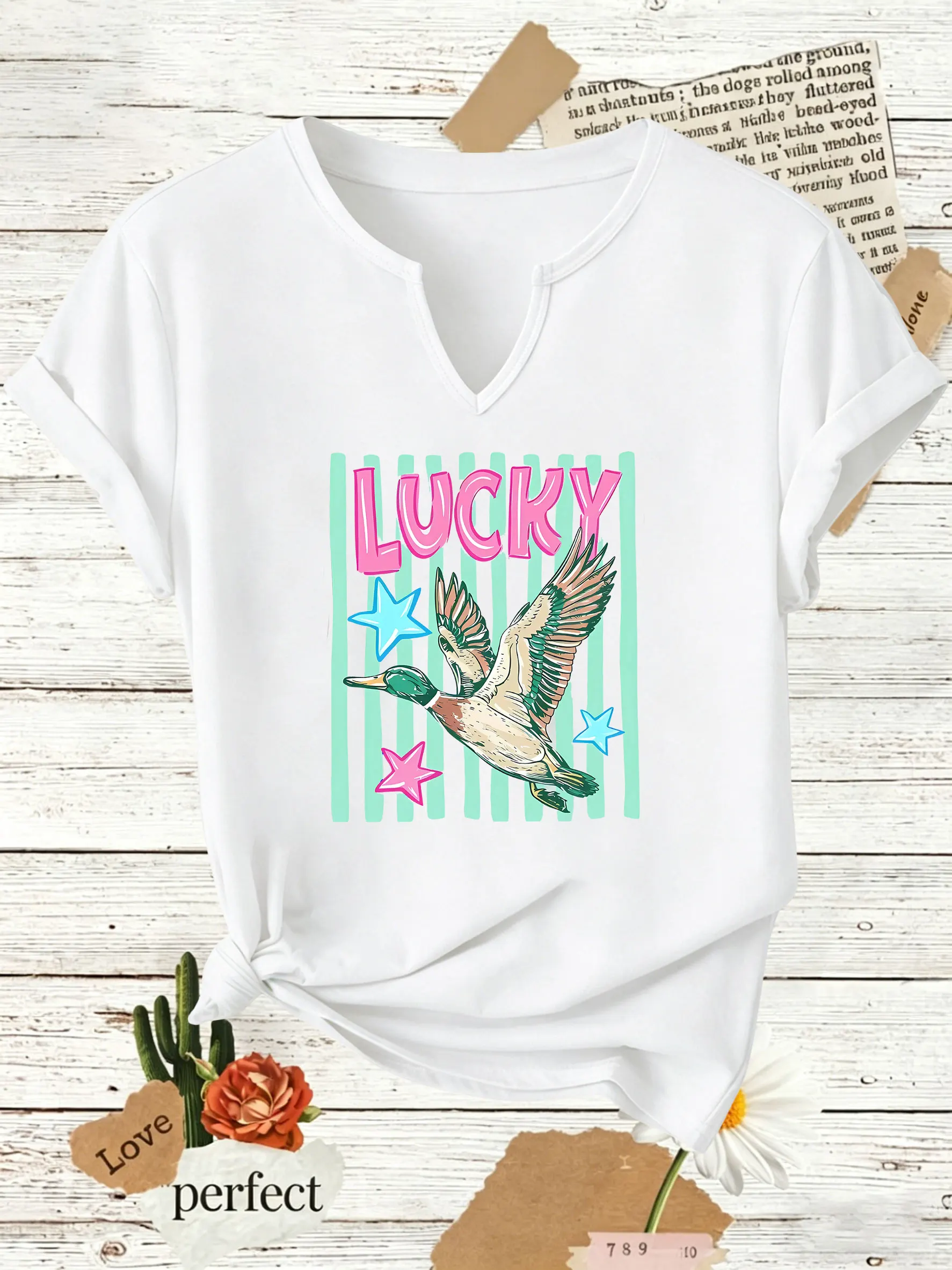 Women Summer V Neck Short Sleeve T Shirt, LUCKY Letter Mallard Duck Star Vertical Stripes Cartoon Print, Casual Daily Tee Top