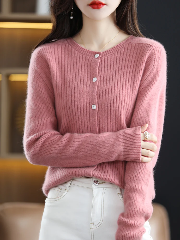 100% Merino Wool Women's Cardigan Sweater Long Sleeve O-Neck Pullover Spring Autumn Knitted Jumper  Slim Fashion Female Shirt