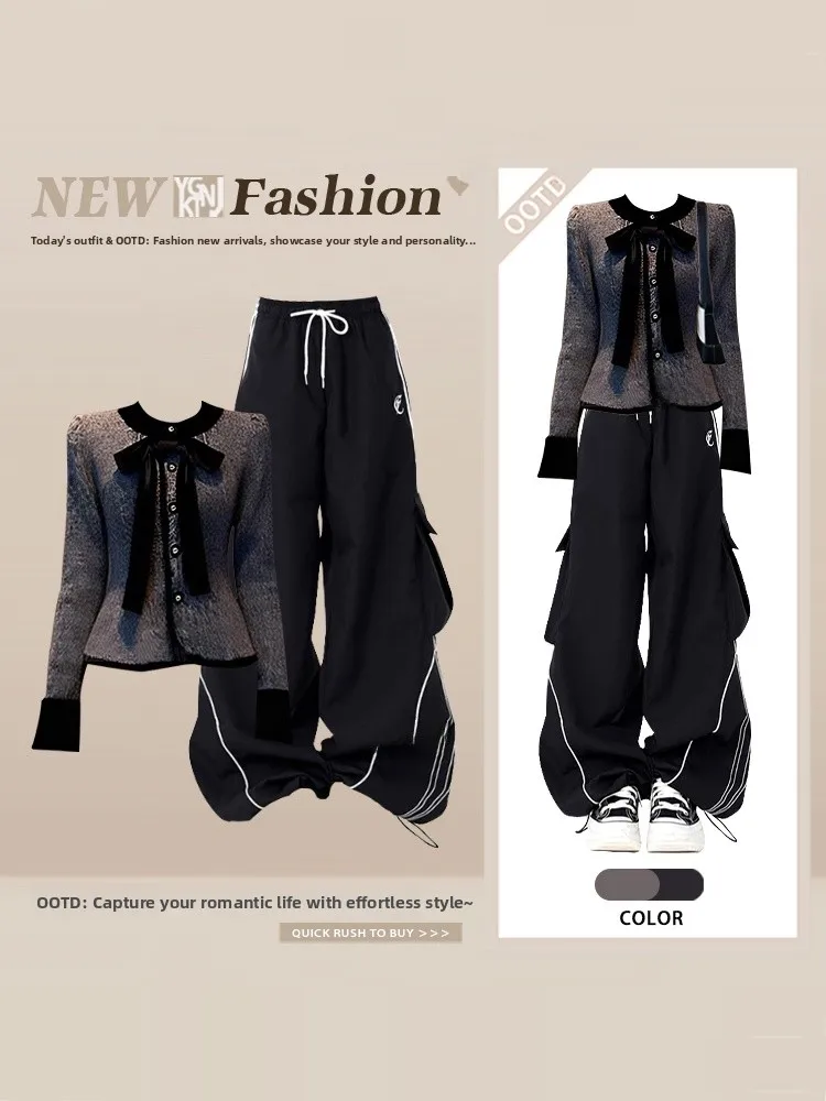 

High Waist Knitted Cardigan with Knot And Color Blo Long Pants Women's Winter Two-Piece Set Faion Casual Wear