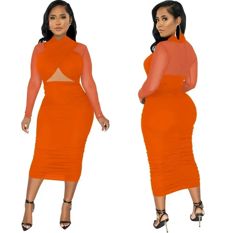 KEXU Cut-Out Crossed Bust Mesh Ruched Midi Dress Fashion Mock Neck Pleated Party Dresses Sexy Mesh Patchwork Night Out Robes