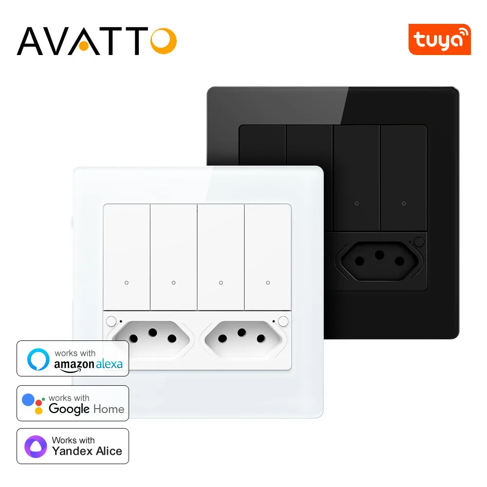 

AVATTO Tuya WiFi 4x4 Настенный интеллектуальный переключатель и гейкер, 4-кнопочный выключатель света Бразилия Стандартный геймпель 16А работает с Alexa Google Home