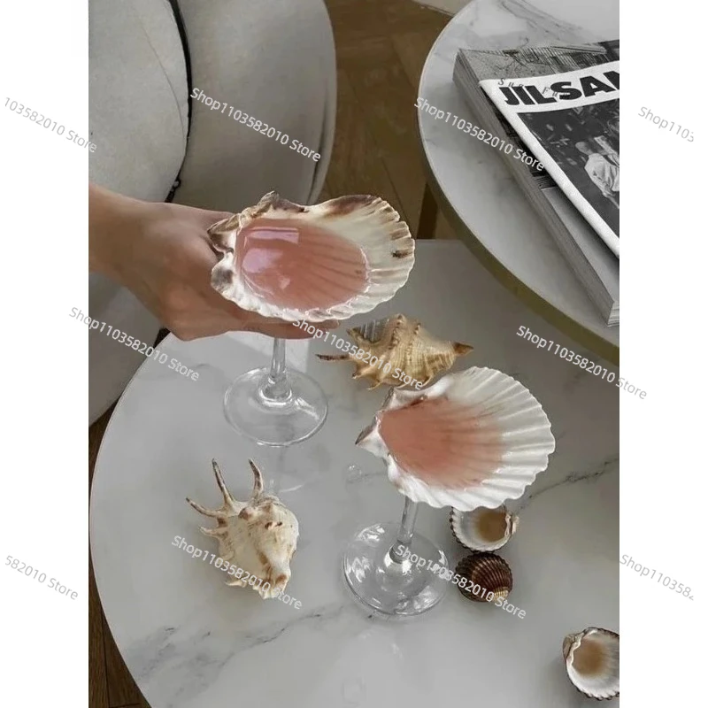 Light Luxury Natural Conch Scallop Shell Tall Glass Cup, Creative Wine Glass Gift Decorative Ornament with Box