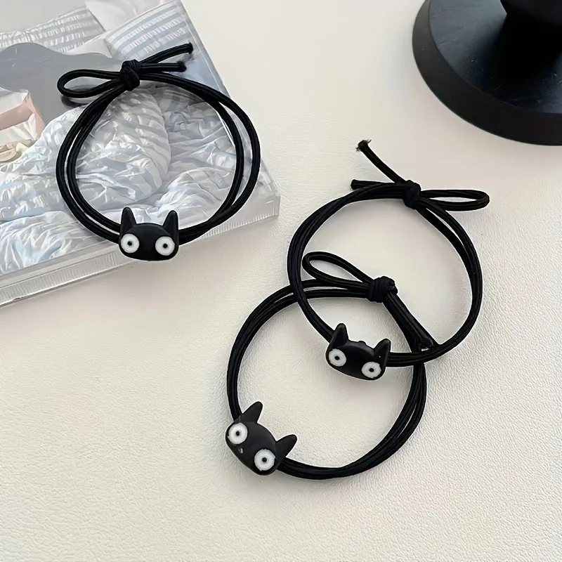 5pcs Cute Little Black Cat Headband Student Girl Tied Ponytail Rubber Band High Elasticity Adjustable Without Damaging Hair Loop