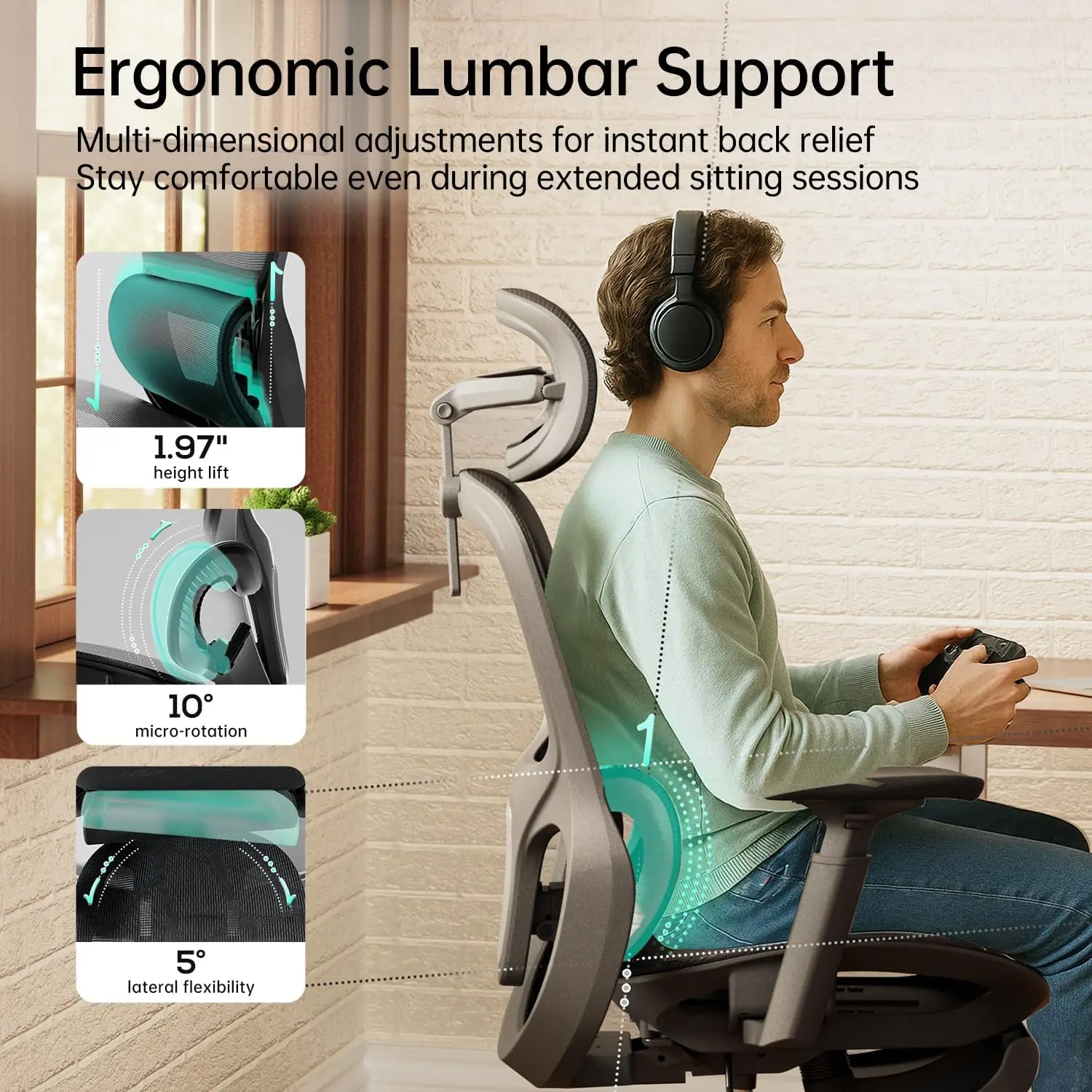 كرسي مكتب مريح P2، شبكي مع دعم قطني ثلاثي الأبعاد، 360 درجة °   مسند الذراع ومسند الرأس، 135 °   استلقاء، أسود