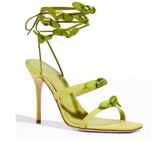 

Moraima Snc 2024 Summer Newest Green Satin Lace-up high Heel Sandals Sexy Opne Toe Cutouts Dress Shoes Red