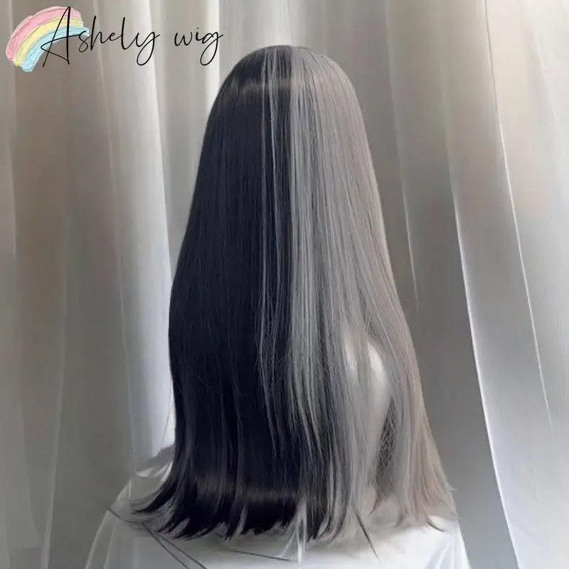 Ashely Half Black Gray Wig with Bangs 26inch Long Straight Wigs Lolita High Temperature Fibers Synthetic Wigs forAll Saints' Day
