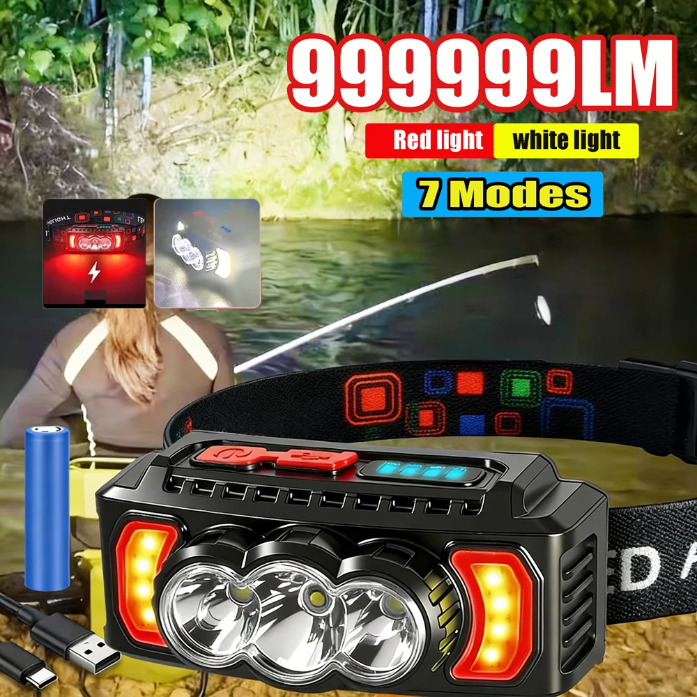 LED COB Portable Head Flashlight with Built in Battery USB Rechargeable Waterproof Headlight Outdoor Camping Fishing Head Lamp