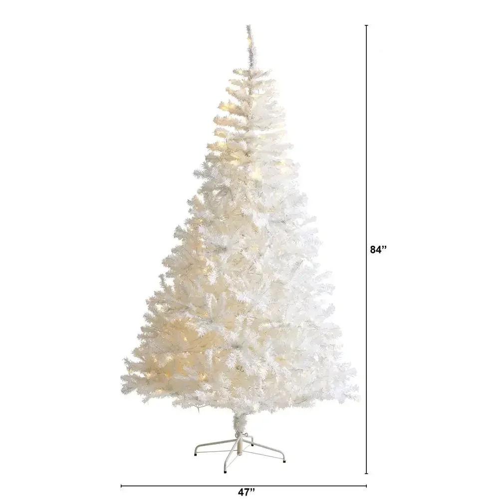 

7' Pre-lit White Artificial Christmas Tree 350 Clear LED Lights Snow Foliage Bendable Branch Tips Metal Stand Indoor Use Winter