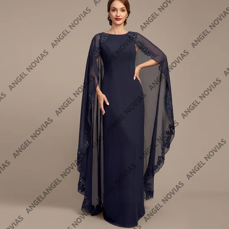 

Customized Long Navy Blue Mother of the Bride Dresses with Cape Chiffon Wedding Party Dress vestido para boda madre de la novia