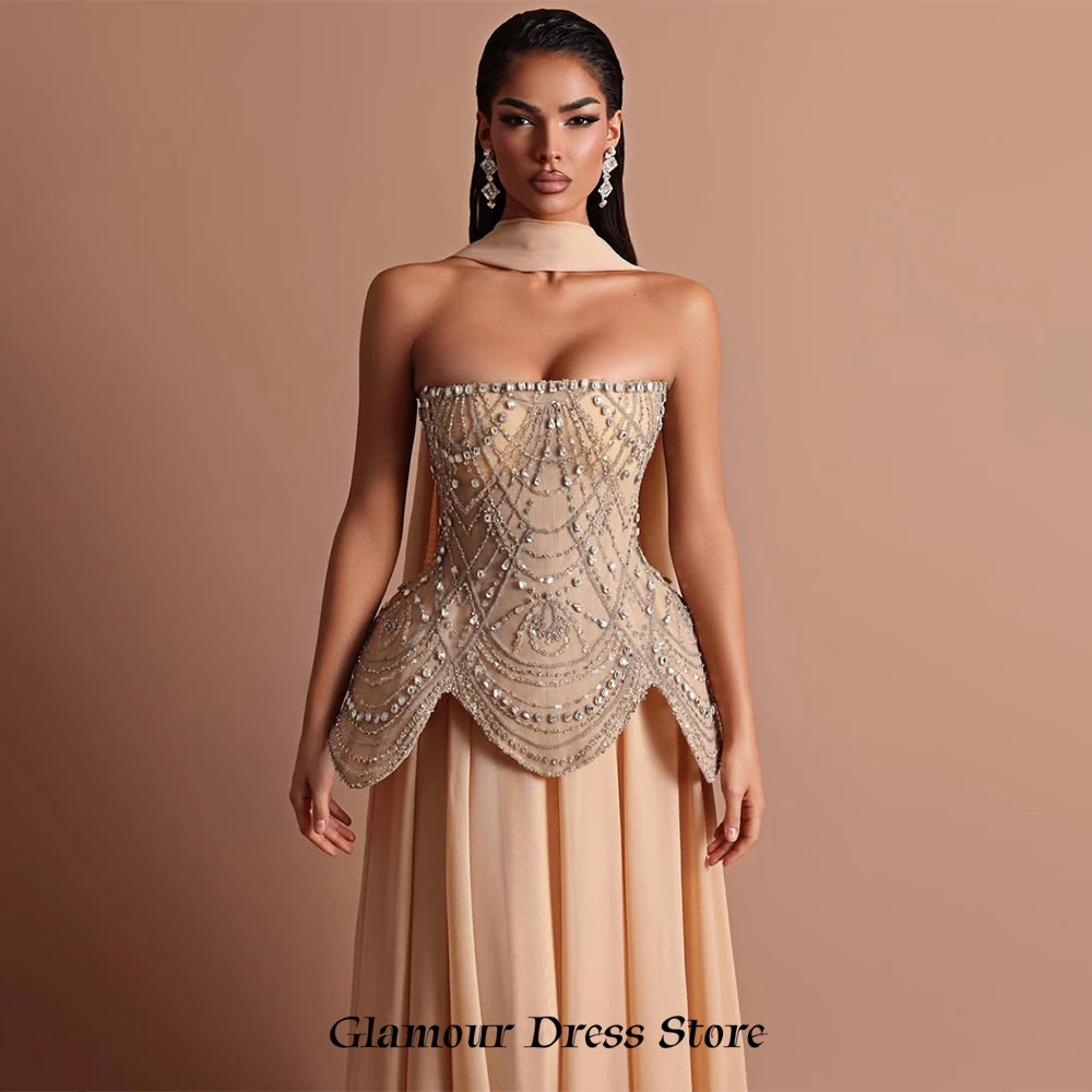 Soft Chiffon Customized Evening Dress Exquisite Strapless Sleeveless Dresses 2025 Woman Luxury Crystal Ribbons Celebrity Gowns image 5