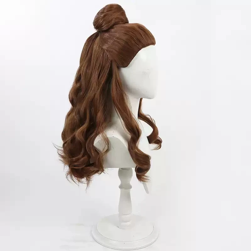 2024 New Type Princess Belle Cosplay Wig Emma Waston Long Brown Wavy Ponytail Heat Resistant Synthetic Hair Halloween Costume