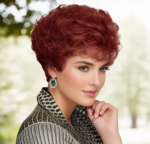 Pelucas de pelo rojo, peluca Natural de fibra sintética corta rizada con flequillo, pelo informal femenino, peluca de mamá roja, marrón y castaña, rizos en capas para mujer