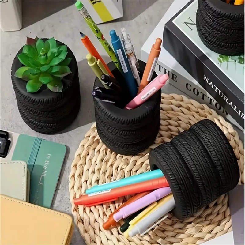 Creative simulation tire shaped pen holder, a great desktop item for car enthusiasts, desktop storage bucket