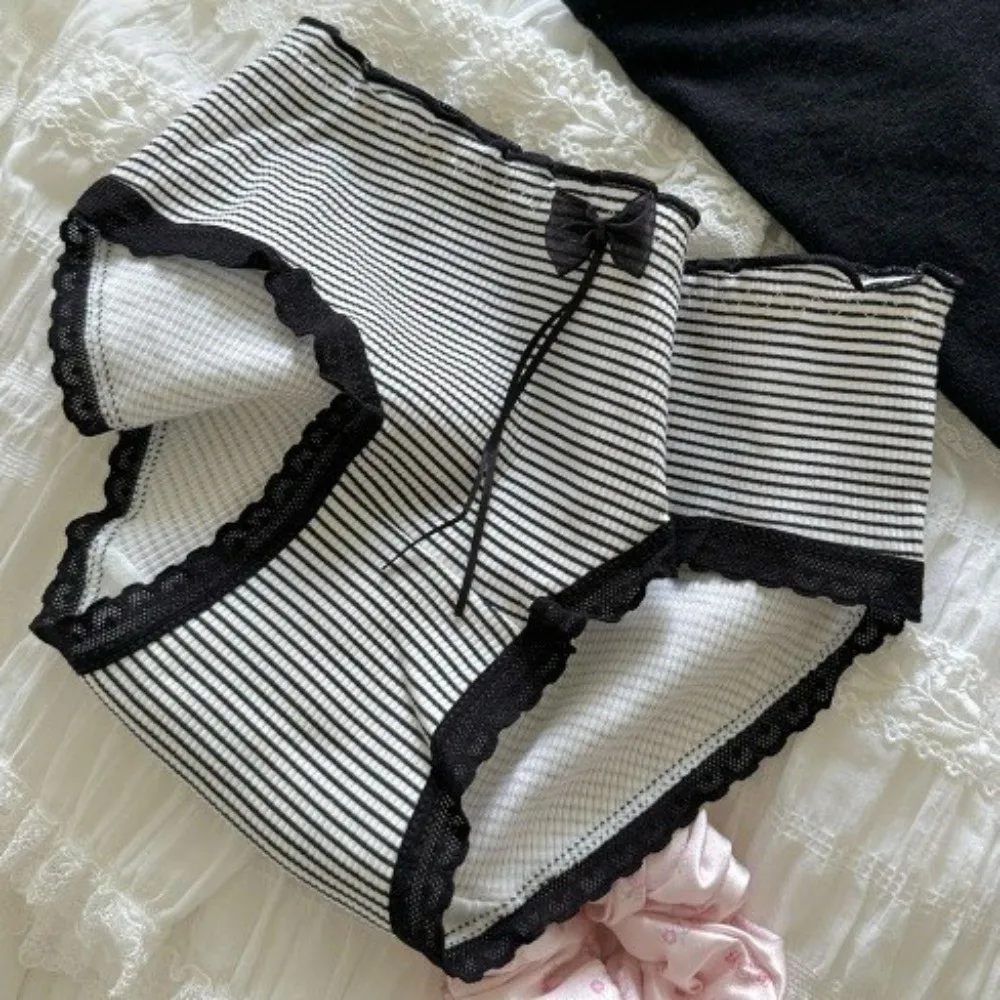 

Cute Mid-waist Underwear for Women Ruffle Dots Sweet Cotton Panties Stripe Underpants Bow Briefs Summer
